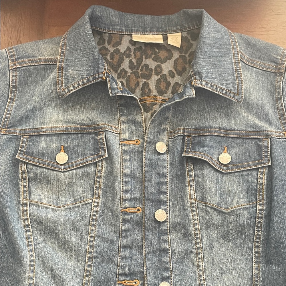 New Chico’s Denim Field Jacket Cheetah Print